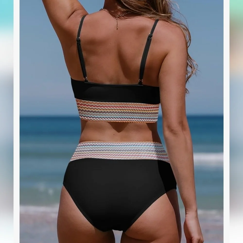 Colorblock Trim 2 Piece High Waisted Swimsuit Scoop‎ Neck black Sz S NWOT